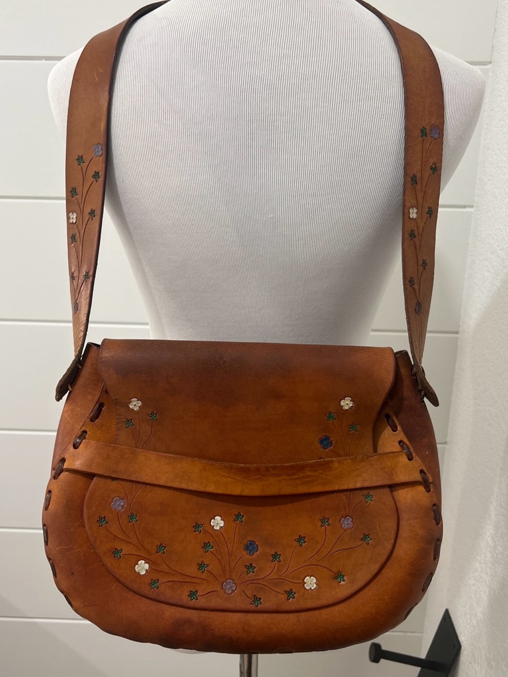 Vintage 1970s Leather Embossed Saddle Bag - Hand painted Floral design.